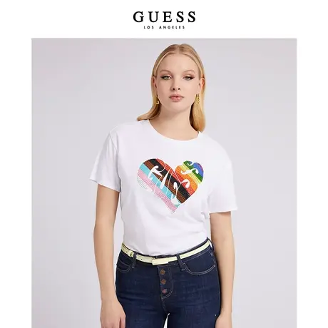 【38上新季】GUESS女士潮流百搭彩虹爱心镶钻个性潮流T恤短袖商品大图