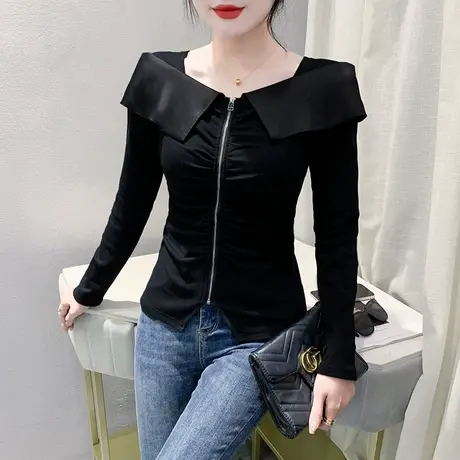 性感一字领褶皱T恤女长袖拉链拼接开叉上衣洋气修身减龄打底衫商品大图