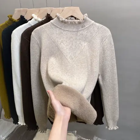 一体绒半高领毛衣女套头2023秋冬新款针织衫加厚上衣加绒打底衫潮图片