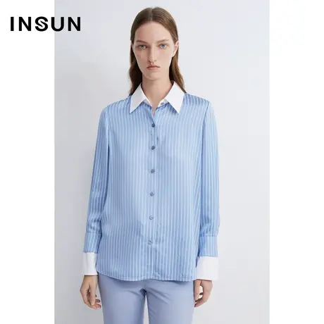 INSUN恩裳春季竖条纹撞色醋酸衬衫图片