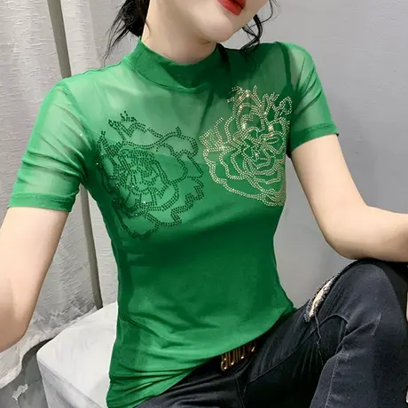 夏装半高领网纱T恤女短袖洋气时尚打底小衫烫钻性感修身百搭小衫商品大图