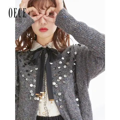 Oece冬新款女复古羊毛衫毛衣气质针织衫开衫外套图片