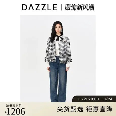 刘雯同款DA奥莱ZZLE地素秋小香风黑白毛边设计粗花呢短外套上衣女图片