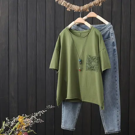 文艺复古圆领短袖t恤女2023夏季新款宽松休闲全棉上衣半袖体恤衫商品大图