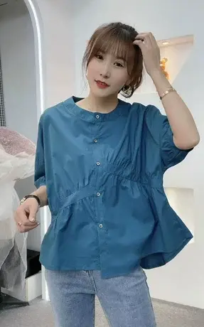 减龄夏装2023显瘦新款大码女装不规则衬衫洋气休闲圆领短袖上衣女商品大图