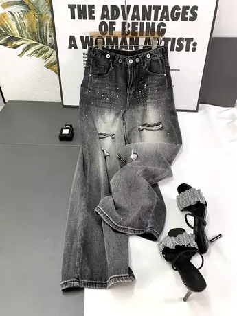 韩版磨白钉钻排扣牛仔阔腿裤女2023夏季新款显瘦百搭高腰直筒长裤图片