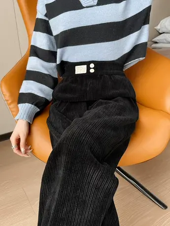 黑色灯芯绒阔腿裤女秋冬新款雪尼尔高腰显瘦休闲宽松垂感拖地裤子图片