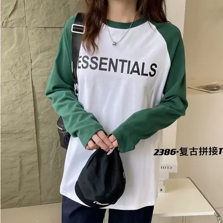 插肩袖拼接字母印花圆领套头t恤衫女长袖打底衫大版体恤上衣女装商品大图