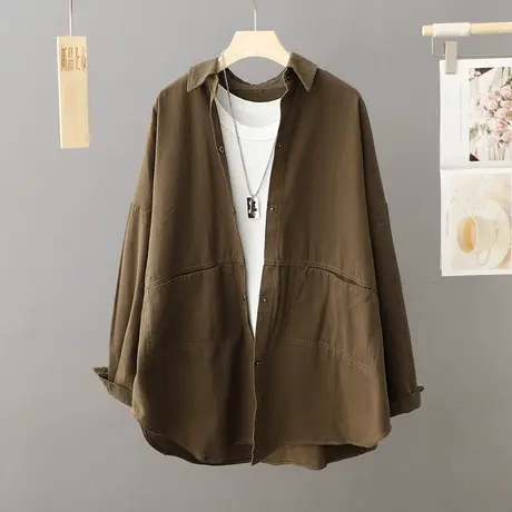 休闲衬衫外套女中长款宽松大码春秋衬衣开衫长袖2024新款秋季衬衫商品大图