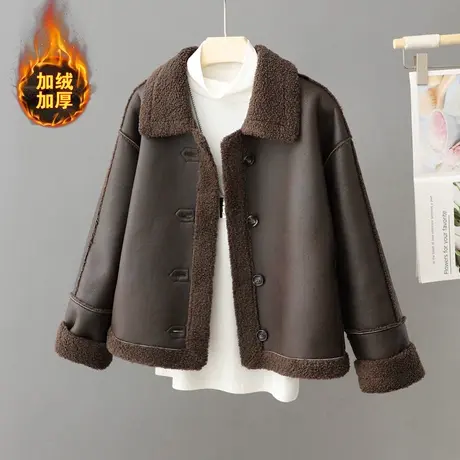 羊羔毛外套女冬加厚机车服宽松立领鹿皮绒皮毛一体高级感夹克上衣商品大图