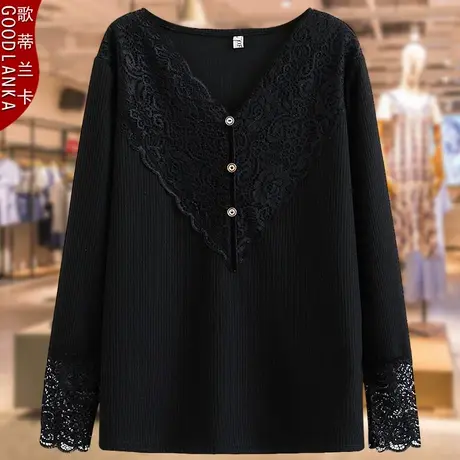 40-50岁中年妈妈秋装纯棉长袖T恤大码宽松洋气蕾丝拼接打底衫上衣商品大图