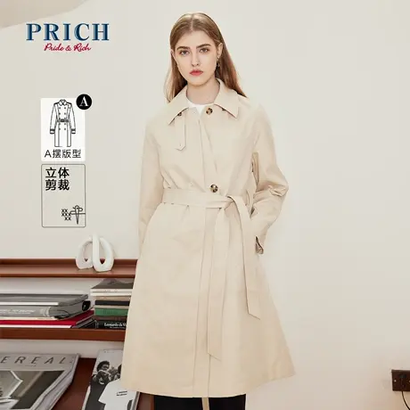 PRICH时尚大方水洗工艺棉质面料抗皱感宽松长风衣女士外套商品大图