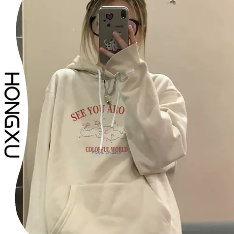 红续秋冬新款杏色印花连帽抽绳卫衣2023美式宽松显瘦百搭套头上衣图片