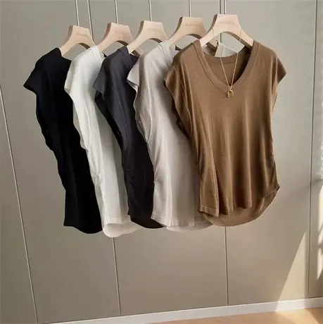 短袖t恤女2022夏季新款韩版百搭显瘦飞飞袖V领坎肩设计感小众上衣图片