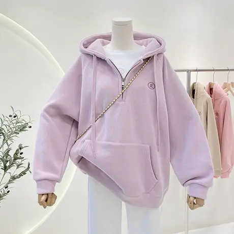 半拉链加绒加厚连帽卫衣女秋冬新款百搭慵懒风bf宽松长袖外套上衣图片