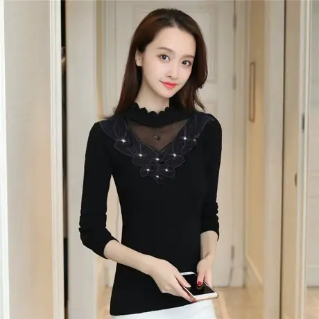 秋装2023年新款时尚洋气半高领蕾丝打底衫女加绒加厚百搭长袖上衣图片
