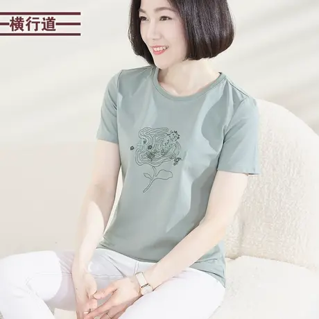 圆领绣花宽松短袖2025新款纯色打底衫刺绣简约休闲女上衣半袖T恤商品大图