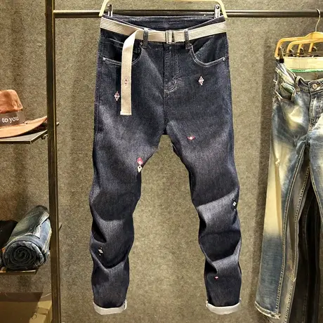 深蓝色潮牌牛仔裤男弹力宽松直筒裤潮流百搭个性刺绣图案帅气长裤商品大图