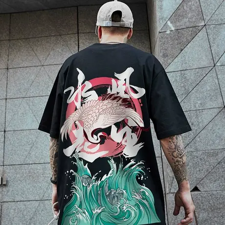 国潮短袖男潮中国风仙鹤胖子男装潮牌T恤宽松潮流大码五分半袖夏图片