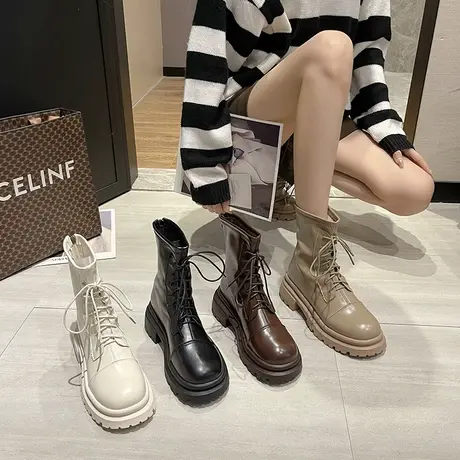 棕色马丁靴女英伦风ins潮2023年新款春秋单靴白色厚底绑带短靴子商品大图