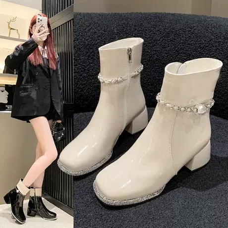 2023秋冬季新款欧美时尚珍珠链条厚底切尔西靴女短靴漆皮中筒靴商品大图