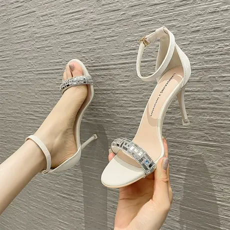 一字扣水钻高跟鞋女细跟2024夏季新款时尚黑色方头露趾仙女风凉鞋商品大图