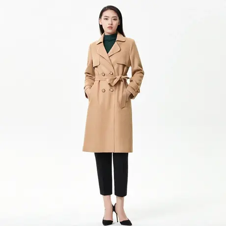朗姿英伦复古通勤风翻领双排扣中长款女士风衣春季奥莱商场同款图片