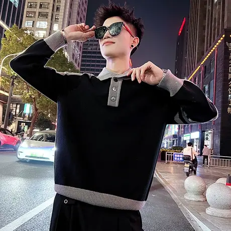 韩版轻熟风撞色毛衣男ins2023秋冬潮牌休闲打底POLO领线衣针织衫商品大图