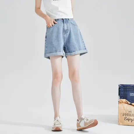 唐狮夏季牛仔短裤女高腰韩版宽松直筒微喇中裤显瘦设计感小众裤子商品大图