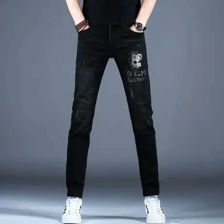 2023新款秋冬款黑色刺绣牛仔裤男款弹力百搭小脚修身潮流美式高街商品大图