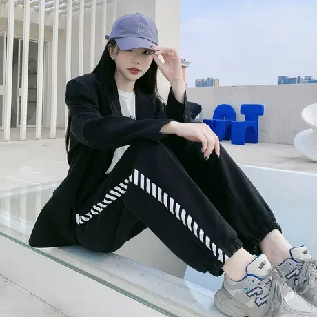 唐狮休闲裤女卫裤显瘦百搭束脚裤侧边拼接长裤新秋冬运动裤商品大图
