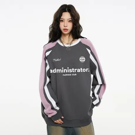 Nuthink潮牌插肩撞色拼接圆领字母卫衣男潮加绒加厚宽松保暖上衣商品大图