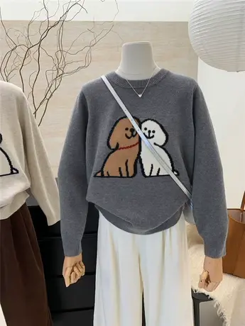 卡通图案小狗圆领毛衣女冬季2023新款爆款设计感小众针织衫上衣商品大图