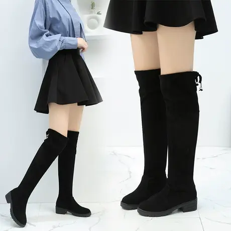 厚底过膝长靴女绒面长筒靴子女2023新款秋冬加绒弹力瘦瘦靴高筒靴图片