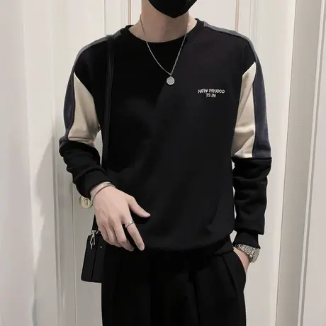 秋季男卫衣t恤打底衫拼色修身上衣长袖个性学生套头休闲潮流圆领商品大图