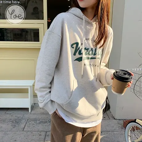 yoe2023卫衣女春秋季新款美式复古文字印花套头上衣宽松百搭连帽商品大图