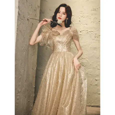 晚礼服裙女高端宴会气质蓬蓬裙高级重工演出服长款香槟金色主持人图片
