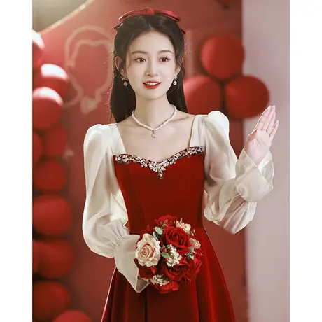 敬酒服新娘2024新款平时可穿纱袖高级感订婚礼服女夏季红色连衣裙商品大图