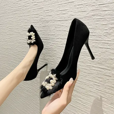 高跟鞋女2024年春秋新款尖头珍珠方扣气质细跟单鞋黑色职业工作鞋图片