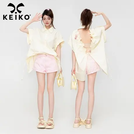 主打就是一个反差！法式通勤气质露背衬衫淑女夏设计感上衣娃娃衫商品大图