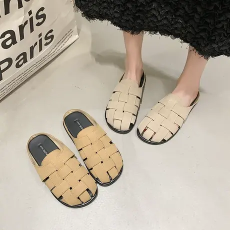 半拖鞋女新款2024年春季新款配裙子编织防滑平底鞋休闲轻便包头拖图片