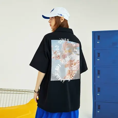 Nuthink欧美潮流加肥加大翻领天使polo衫男国潮潮牌ins宽松短袖夏商品大图