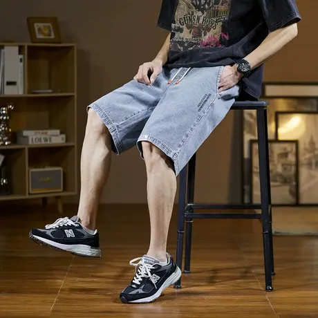唐狮春夏季牛仔短裤男显瘦抽绳宽松舒适阔腿直筒五分中裤男复古图片