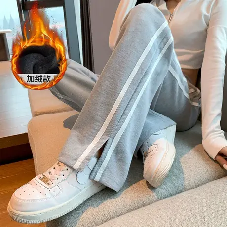 唐狮美式运动裤女条纹2023新款秋冬窄版阔腿裤子开叉加绒休闲卫裤图片
