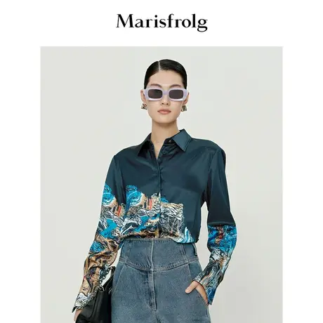 【国风印花】玛丝菲尔衬衣春季新款宝蓝色三醋纤衬衫上衣商品大图