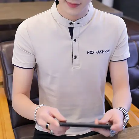 短袖t恤男V领夏季青年宽松纯棉打底衫潮流修身立领Polo衫男士上衣商品大图