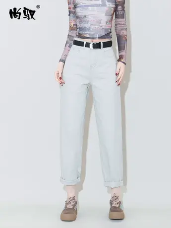 高腰牛仔垮裤女月光灰弹力老爹裤2024年春季新款时尚简约哈伦裤潮图片