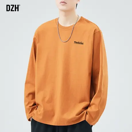 男士橙色纯棉t恤男长袖潮2024新款春季上衣男款超好看打底衫体恤商品大图