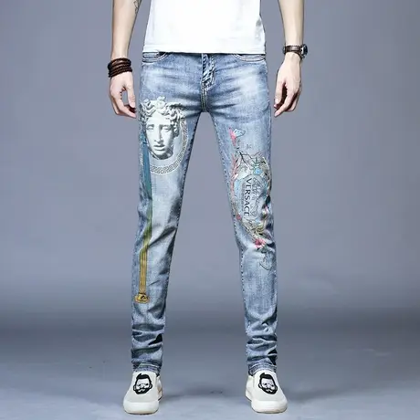 秋季潮流男士高档印花牛仔裤男款潮牌修身休闲裤子男刺绣高端潮牌图片