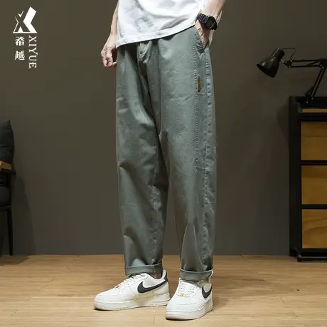 希越军绿色锥形裤男士2024春季新款宽松大码拼接休闲工装直筒裤子商品大图